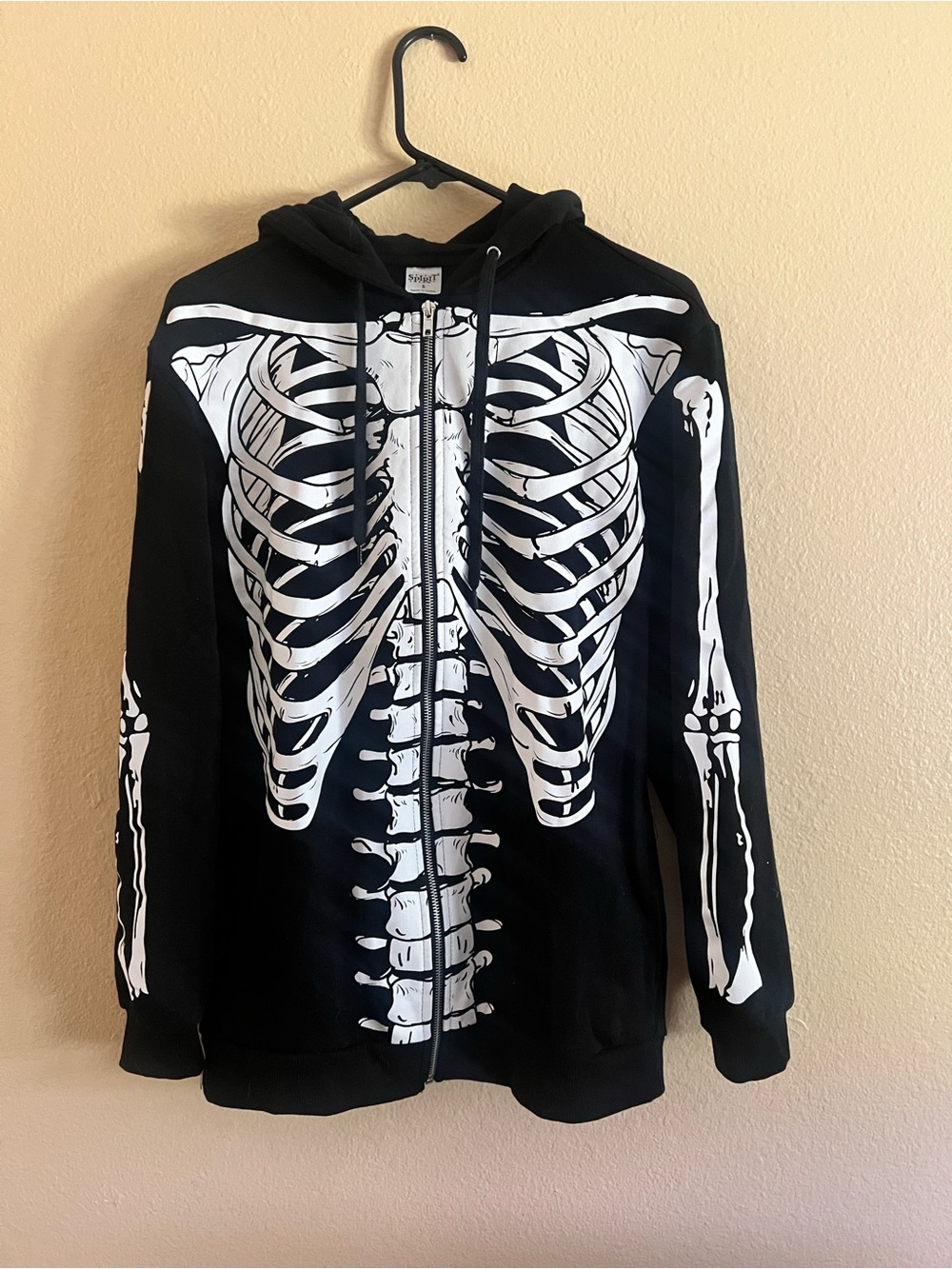 Skeleton Hoodie Spirit Black Zip-Up Hoodie with White Graphic size small